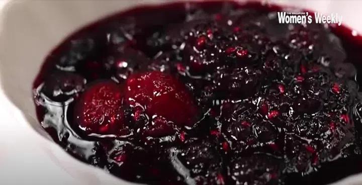03. Berry Compote: 
03. On low to medium heat, combine and simmer all the ingredients until thickened and with berries still holding their shape. This will take 8 to 10 mins if you’re using fresh or defrosted berries.
03.  