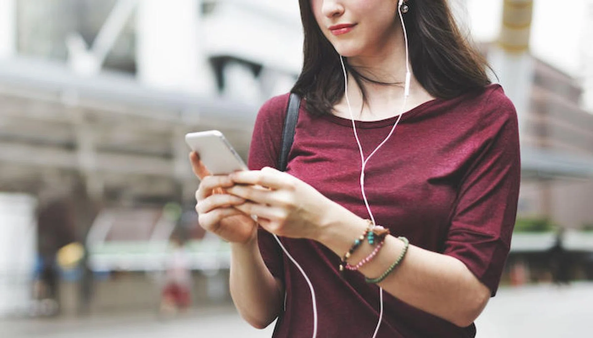 Woman Listening Music Media Entertainment Walking Concept