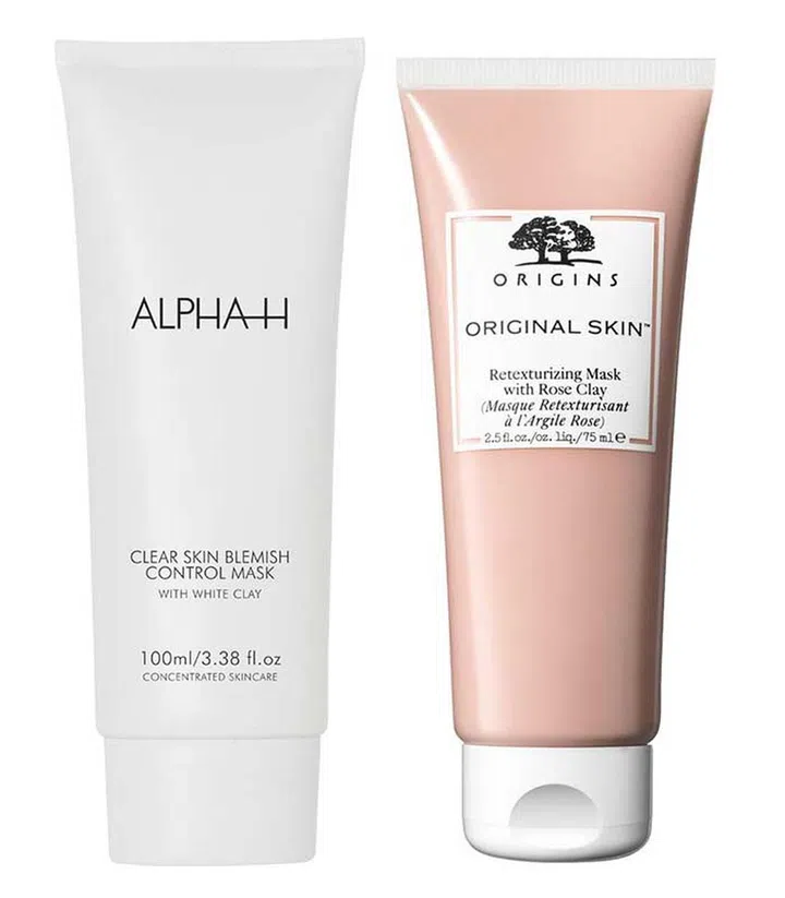Alpha-H's Clear Skin Blemish Control Mask with White Clay and Aloe Vera ($52); Origins Original Skin Retexturizing Mask with Rose Clay ($39)