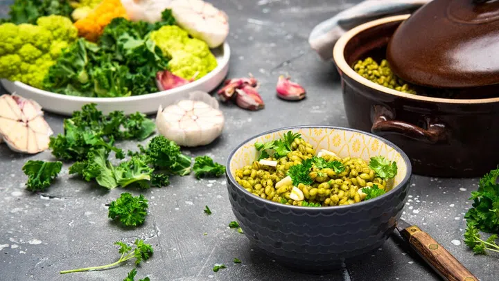 Healthy Brunch in Bowl. Groats and Kale Risotto. Green Diet. Plant Based Food. Healthy Living.