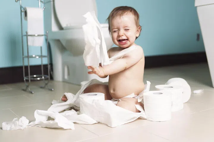 43527298 - a toddler ripping up with toilet paper in bathroom