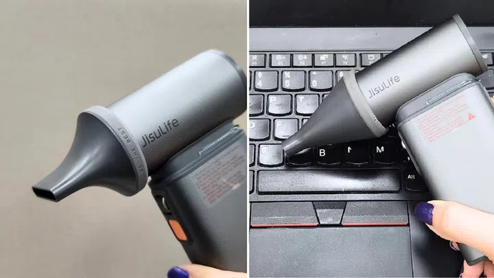The hairdryer-shaped nozzle (left) can dry up water or *sweat* stains on your clothes, and the tapered round nozzle (right) can be used for cleaning out your keyboard. Credit: Michelle Lee/The Singapore Women's Weekly