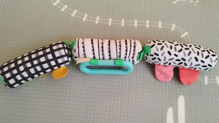 These have been with my son from the very first Play Kit, and he still likes playing with them while in the car seat. Photo: Melody Bay