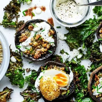 Grilled Mushrooms With Soft-Boiled Dukkah Eggs & Crisp Kale