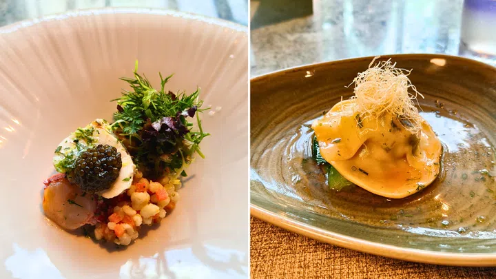 From left: We sampled a Lobster & Monkfish Salad with fresh herbs from Forage, and Duck Ravioli with steamed baby bok choy in an umami broth from Planter's Shed. Credit: The Singapore Women's Weekly