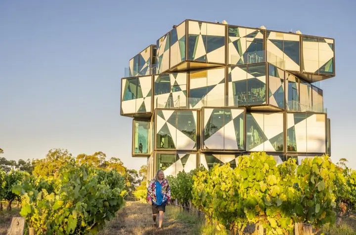A 45-minute drive from Adelaide, d'Arenberg is not just a typical winery, but doubles as a surrealist playground with a building shaped like a Rubik's Cube. Credit: D'Arenberg