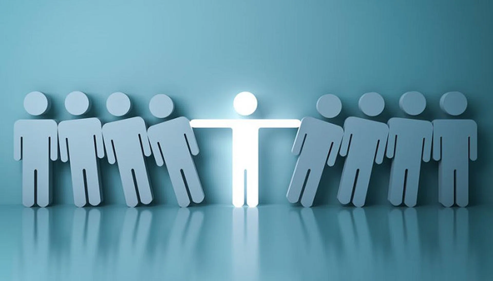 Stand out from the crowd and different creative idea concepts , One glowing light man standing with arms wide open among other people on dark green background with reflection and shadow. 3D rendering.
