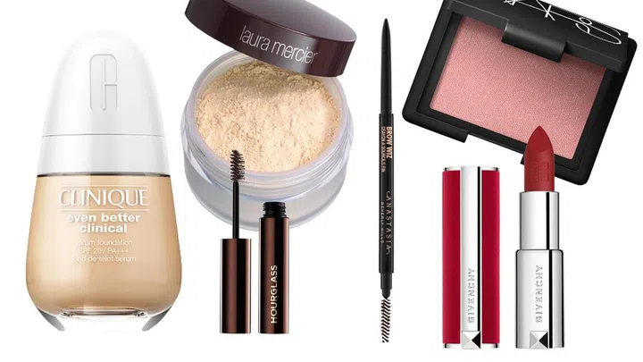 Clinique Even Better Clinical Serum Foundation SPF 20/PA+++ ($66), Laura Mercier Translucent Loose Setting Powder ($70), Anastasia Beverly Hills Brow Wiz ($36), Hourglass Arch Brow Volumizing Fiber Gel ($47), NARS Blush ($52), Givenchy Le Rouge Deep Velvet Lipstick ($55)