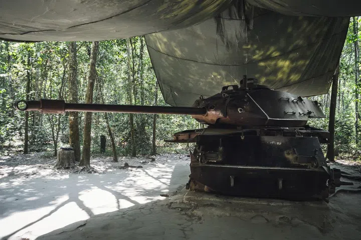 American Tank destroyed by Viet Congs in Cu Chi, Vietnam in 1970.  Cu Chi suburban district of Ho Chi Minh city