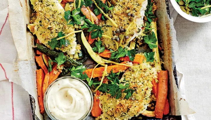 Tray-Baked Dinners - Crumbed Fish 'n' Chips Bake