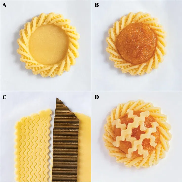 06. With serrated pincers, dipped sporadically in rice flour to prevent sticking, pinch lines in the tart shell rims (A). Smooth a jam portion into a gently rounded mound in each tart’s well (B). Roll out decoration dough about 2 mm thick, cut it into strips with a plain or fluted knife (C), and decorate tarts with a lattice (D) or as you wish (see Chef’s Tips below for another method!).