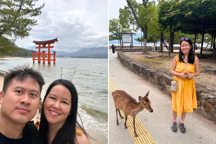 A couple selfie at Itsukushima Shrine on Miyajima island, where I met a delightful deer.