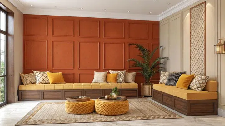 Set a calming mood in the living room with earthy, warm tones. Credit: Young Lim/Home & Decor