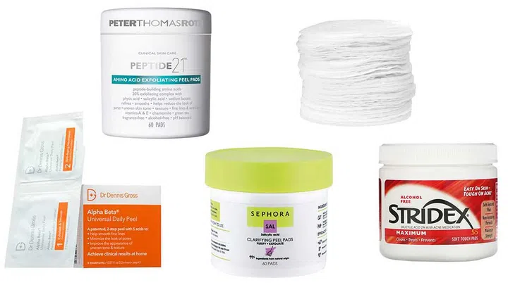 Disposable acid peel wipes from Dr. Dennis Gross, Peter Thomas Roth, Sephora, and Stridex from iHerb