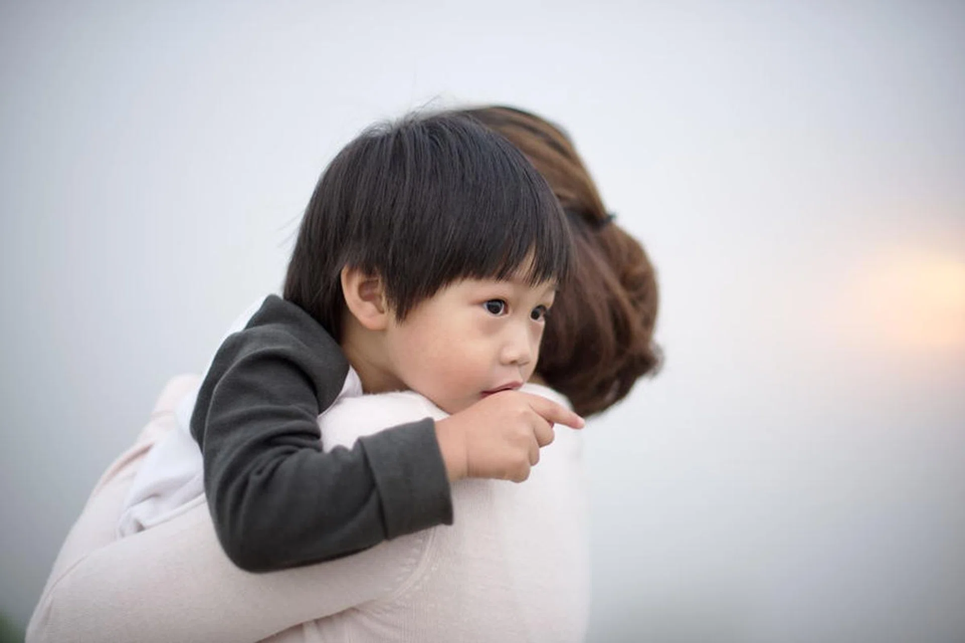 47109387 - mother hugging a little boy points his finger