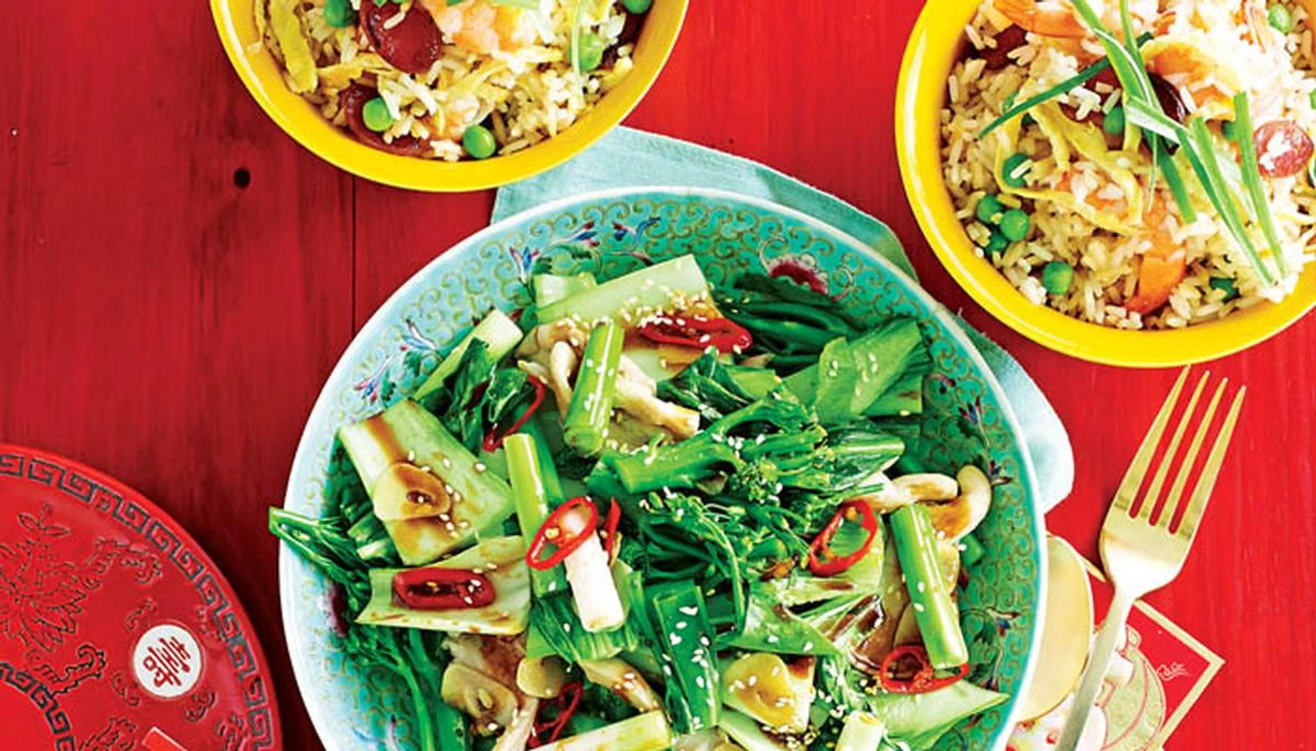 Chinese family feast - Mixed greens in oyster sauce & Best fried rice