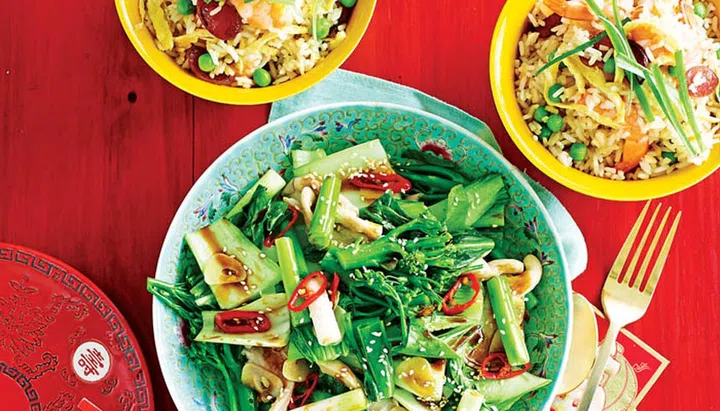 Chinese family feast - Mixed greens in oyster sauce & Best fried rice