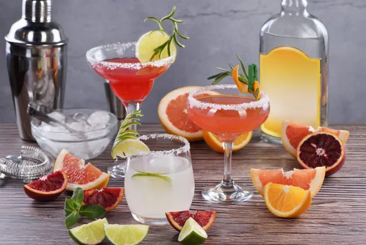 Drinks and cocktails with Tequila-based different citrus fruits