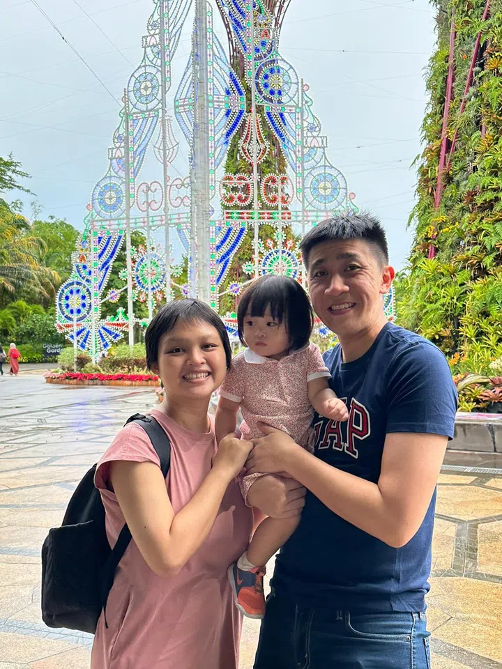 Ms Kwa Lay Teng with husband Jaryl Lee and daughter Jemma at Gardens by the Bay on Dec 8, 2022. PHOTO: KWA LAY TENG