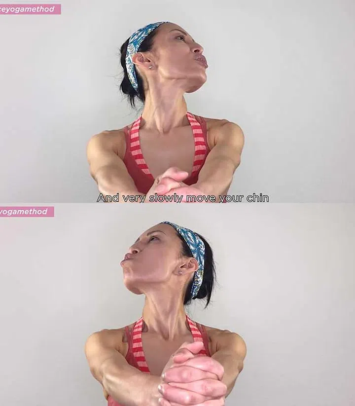 If you sit at your desk all day crouching over a desktop PC or laptop, this face yoga pose releases neck and upper back tension. 