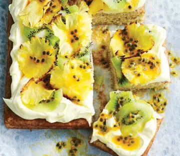 tropical tray cake with passion fruit and pineapple