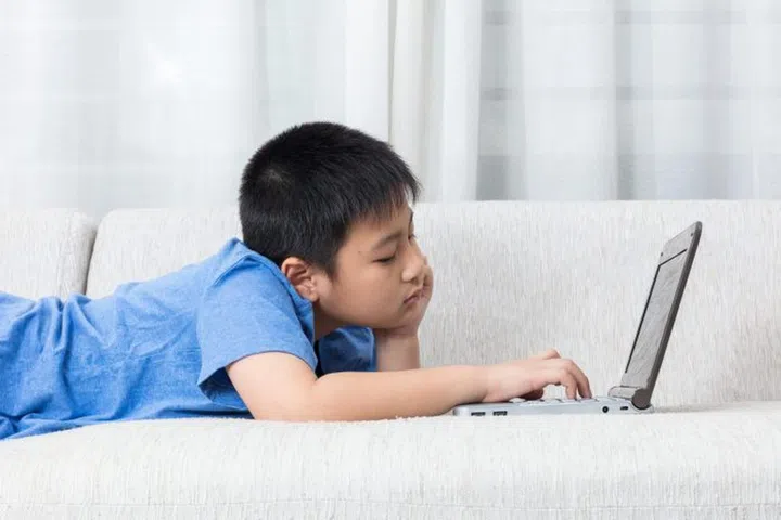 Bored Asian Chinese little boy using laptop on the sofa in the living room at home.