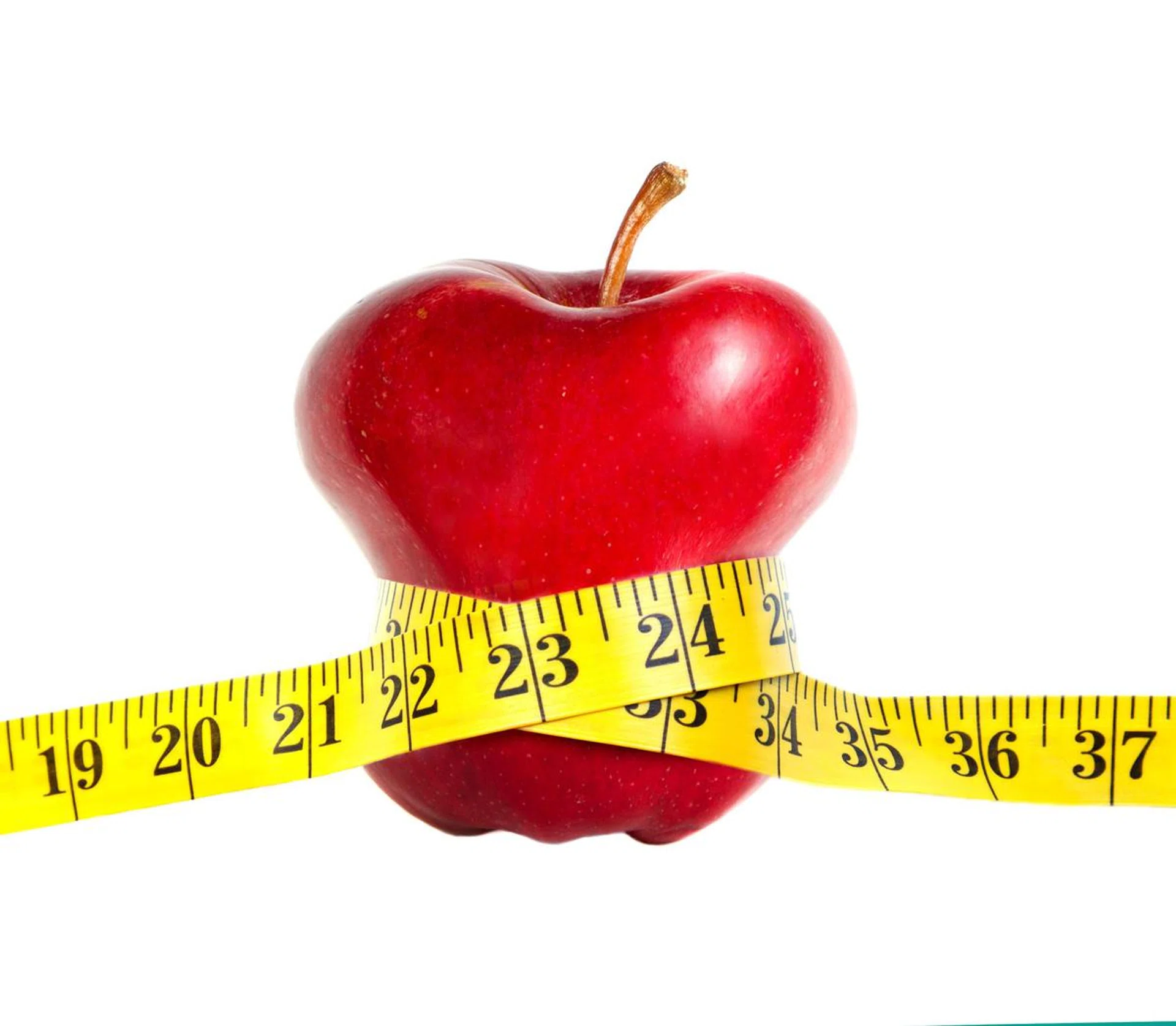 12892947 - a skinny apple with a measuring tape, isolated on white background