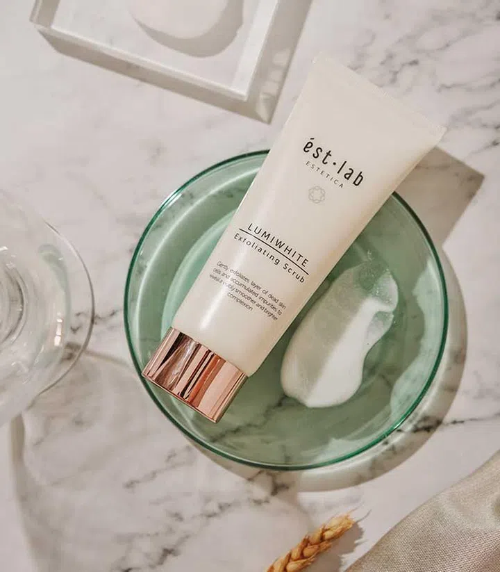 Exfoliate twice a week with ést.lab’s LumiWhite Exfoliating Scrub ($78, gentle for sensitive skin too!) to remove buildup of dead skin cells and aid in cell renewal.