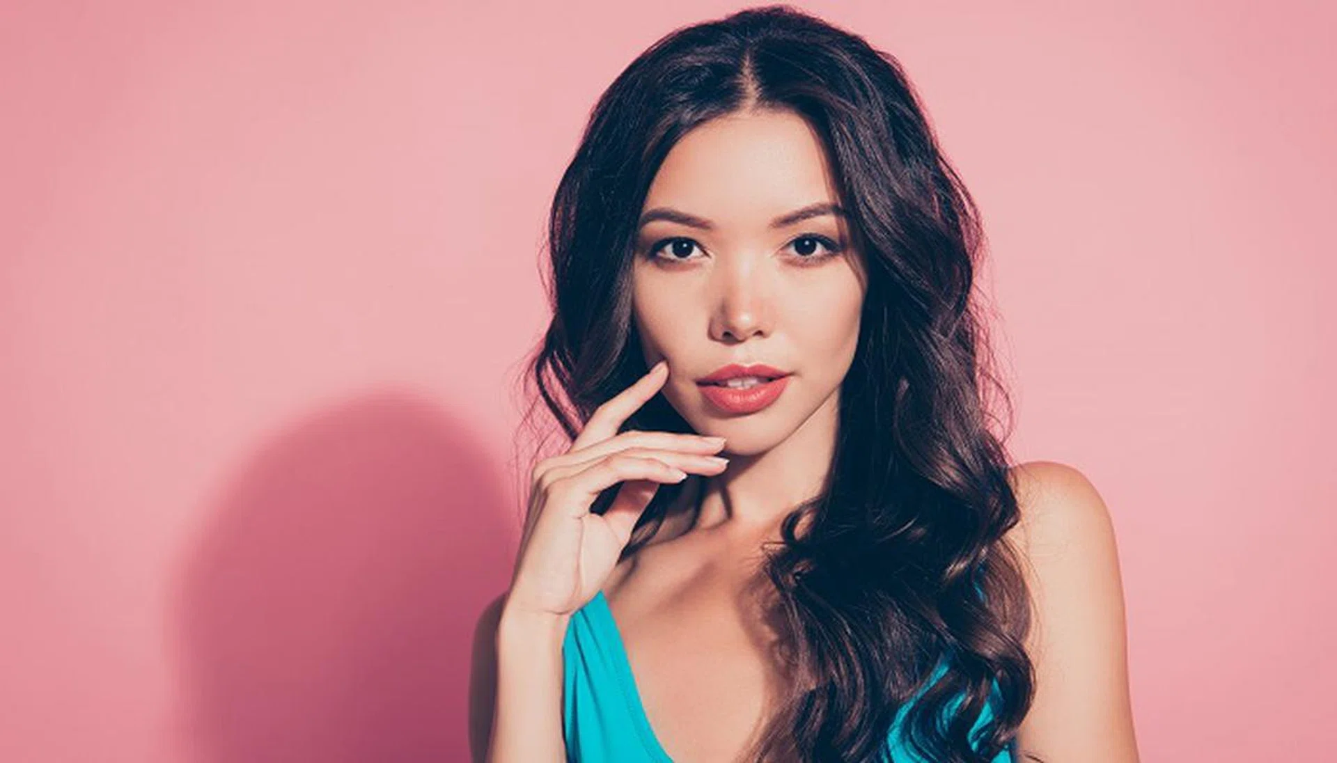 Close-up portrait of nice cute calm peaceful cunning foxy stylish trendy attractive lady in tight outfit blue swimsuit isolated over pink pastel background