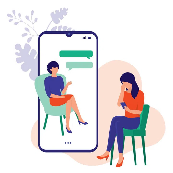 Woman Talking With A Counselor Or Therapist Using Her Mobile Phone. Online Psychotherapy, Counselling And Mental Health Support Services Concept. Vector Illustration Flat Cartoon.