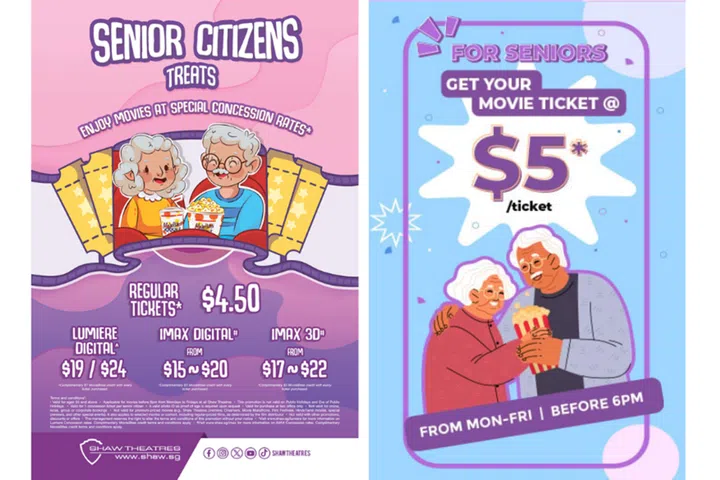 senior citizen discounts $5 senior movie ticket deals at Golden Village and Shaw Theatres