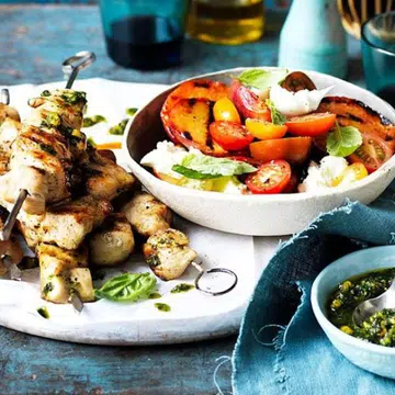 Chicken Skewers With Peach Caprese Salad