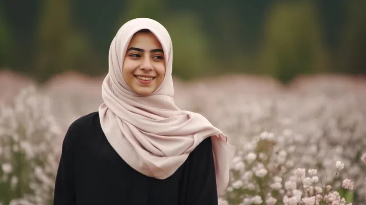 Beautiful muslim woman wearing hijab standing in the field of flowers
