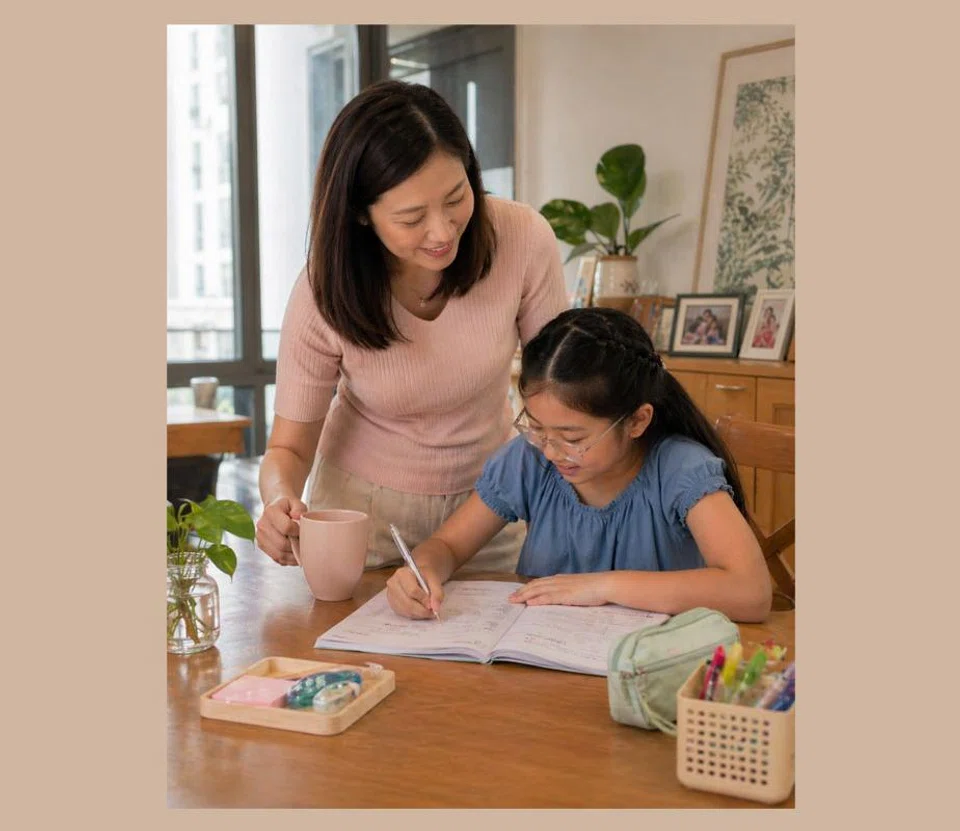 Asian mum helping daughter study for the PSLE exam