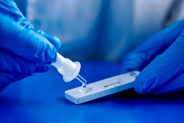 closeup of a man, wearing blue surgical gloves, placing the sample into the covid-19 antigen diagnostic test device, on a blue surface