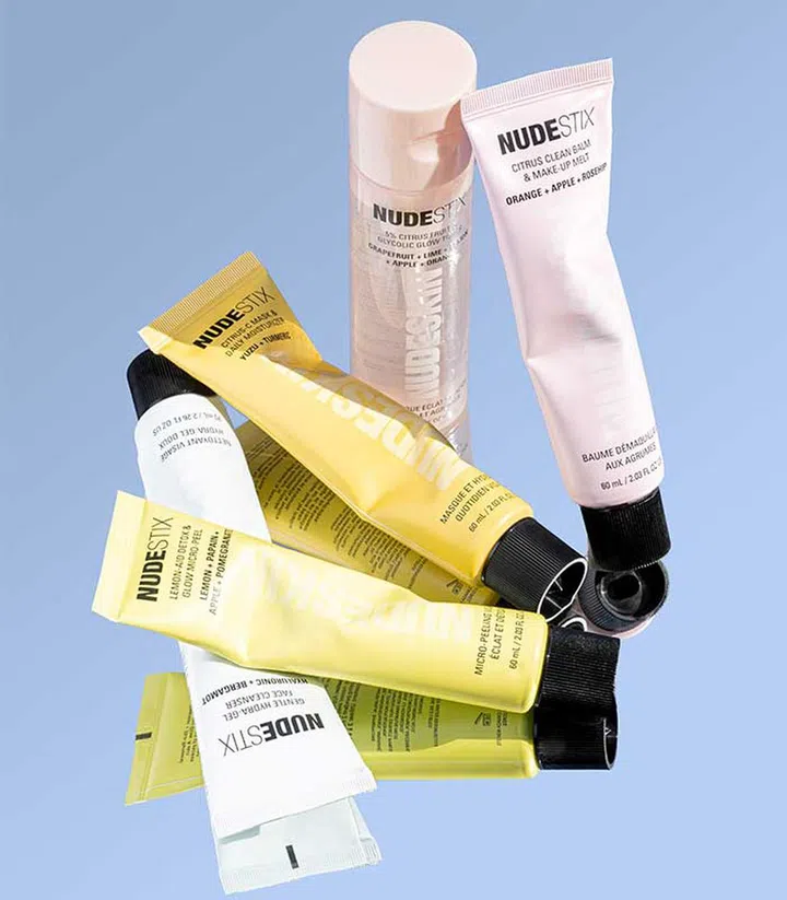 Fourth from left, a bottle of 5% Citrus Fruit & Glycolic Glow Toner ($42).