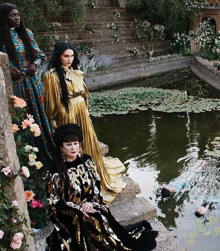 Actress Jodie Turner-Smith, designer Susie Cave and award-winning actress and director Anjelica Huston backstage for Gucci Bloom campaign