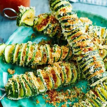 Crumbed Zucchini Skewers With Romesco Sauce