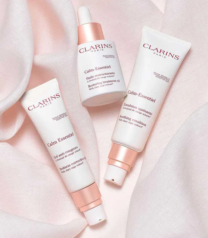 Clarins Calm-Essentiel Redness Corrective Gel ($64), Restoring Treatment Oil ($95), and Soothing Emulsion ($89)