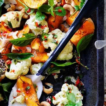 Coconut-Roasted Pumpkin & Cauliflower With Chilli, Lime & Cashews