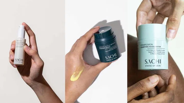 From left: Sachi Skin Triphala Pigmentation Corrector ($119.99); Ursolic Acid & Retinal Overnight Reform ($121.99); Complexion Clarifying Accelerator ($97.99)