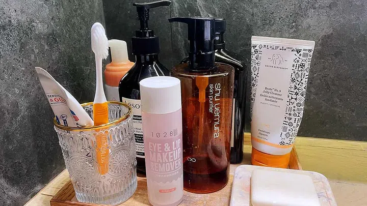 I start off with a gentle cleanser, toner, eye and face serum, followed by eye and face cream. This is then followed by a SPF50 sunscreen before patting on my makeup.