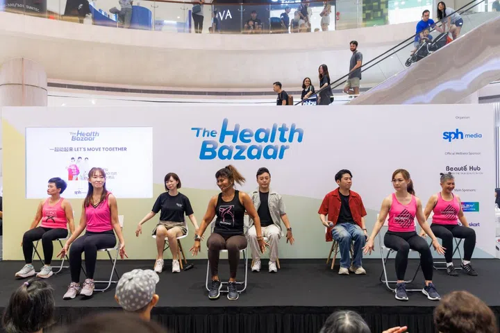 chair piloxing workout at the health bazaar 2024, suntec city
