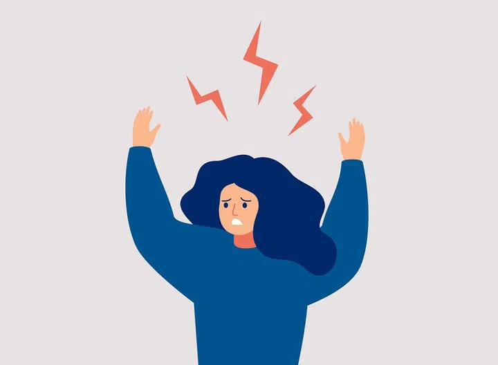 A young woman holds up her hands and screams in rage. Angry girl with flying lightnings over her head isolated on white background. Vector
