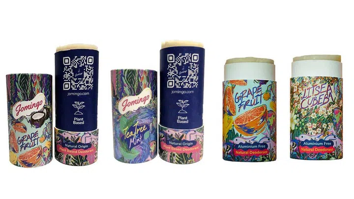 From left: Jomingo Natural Origin & Plant Based Deodorant Tea Tree & Mint ($22); Natural Origin & Plant Based Deodorant Unscented ($22); Grapefruit Aluminium-free Natural Deodorant Stick ($21); Litsea Cubeba Aluminium-free Natural Deodorant Stick ($21)