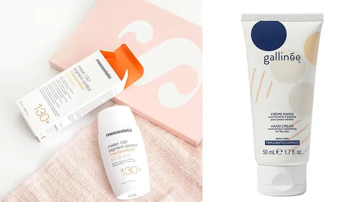 For hyper pigmented hands try Mesoestetic Mesoprotech Melon 130 Pigment Control SPF 50+ ($89.95) and Gallinée Hand Cream ($23). (Photo Amazon/ Sephora)