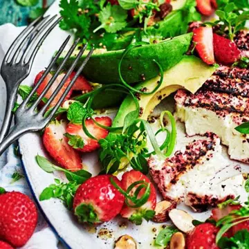 Grilled Feta Strawberry & Herb Salad