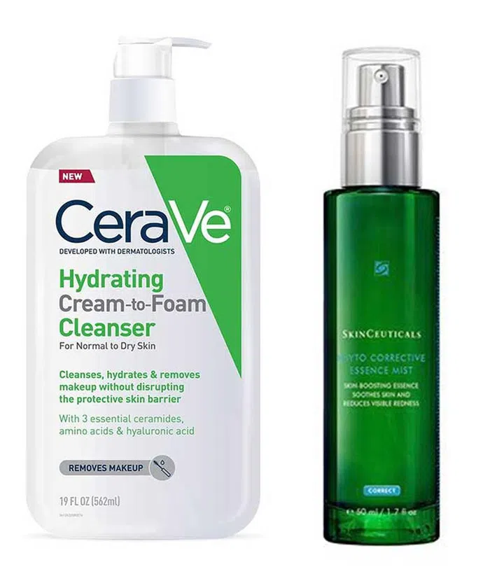 From left: CeraVe Hydrating Cream-to-Foam Cleanser ($38.90); Skinceuticals Phyto Corrective Essence Mist ($89). Photo from Amazon SG/ Lazada