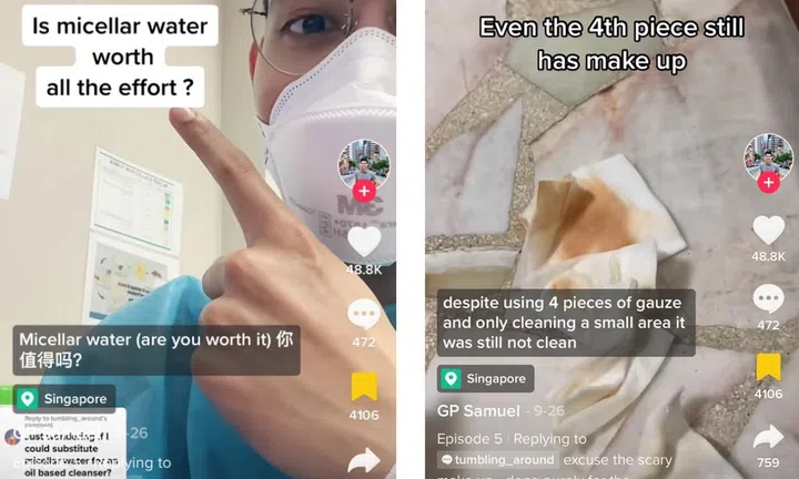 GP Samuel then proceeded to use four pieces of gauze soaked in micellar water to remove the foundation on his skin. (TikTok @skingapore)