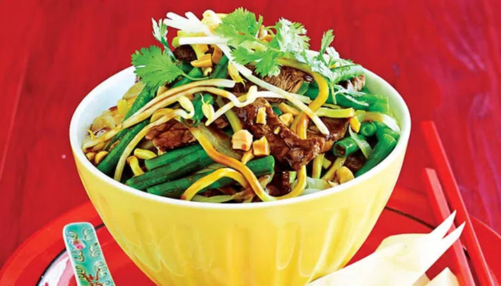 Chinese family feast - Ginger beef with snake beans